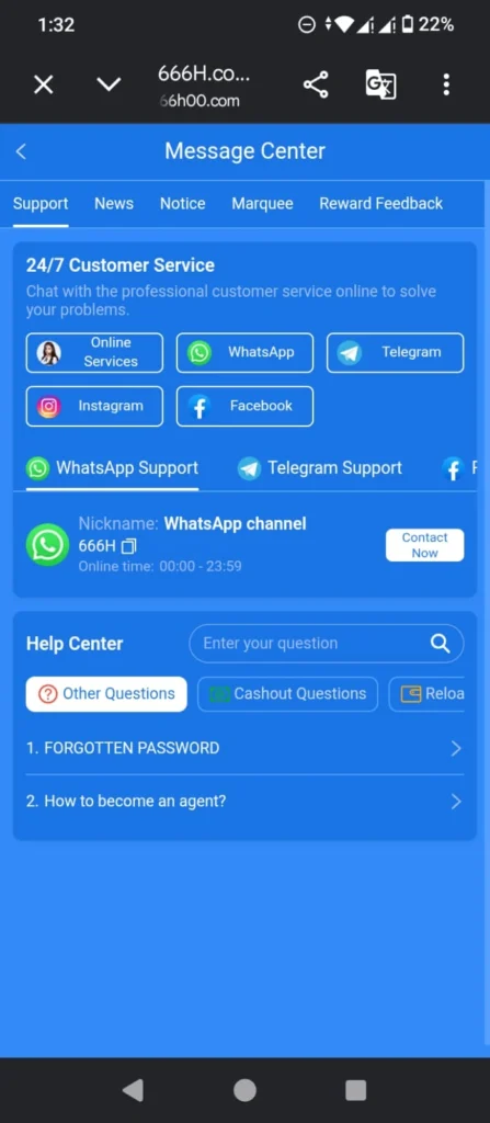 666H Game customer support section
